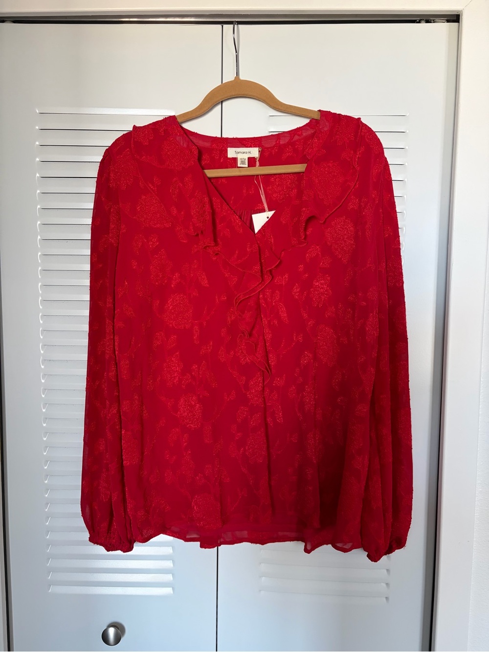 Tamara H Red Ruffle-Trim Long-Sleeve Blouse XL